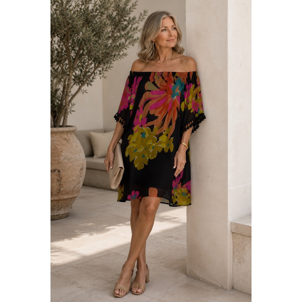 Trina Turk Silk Floral Off Shoulder Tassel Dress Black Pink Orange Yellow Mini
